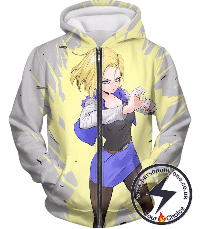 Dragon Ball Super Amazing Fighter Android 18 Cool Action Anime White Zip Up Hoodie